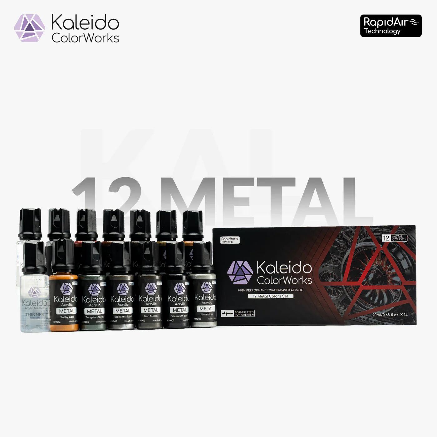Kaleido Colorworks Airbrush Paints (12 Pack of Metallic Colours)