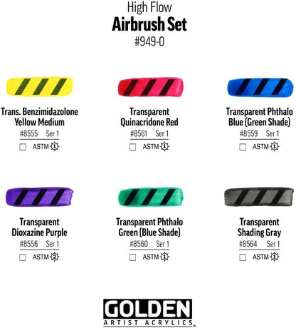 Golden High Flow Acrylic Paints | Transparent Airbrush Set | 6 x 30ml Bottles