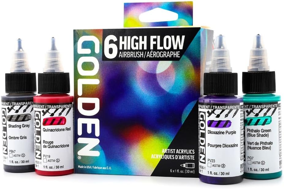 Golden High Flow Acrylic Paints | Transparent Airbrush Set | 6 x 30ml Bottles